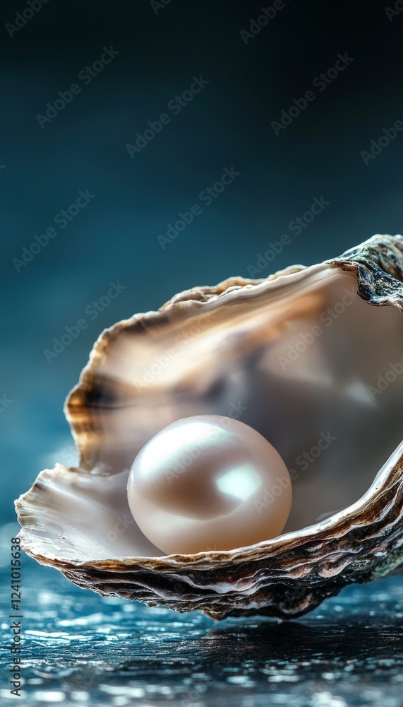 Exquisite Jewel Luminous Pearl Resting in an Open Oyster Shell, Deep Blue Background Exquisite Jewel Luminous Pearl Resting in an Open Oyster Shell, Deep Blue Background