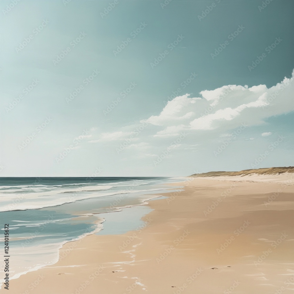 Serene beach scene with clouds and gentle waves along sandy shoreline Serene beach scene with clouds and gentle waves along sandy shoreline