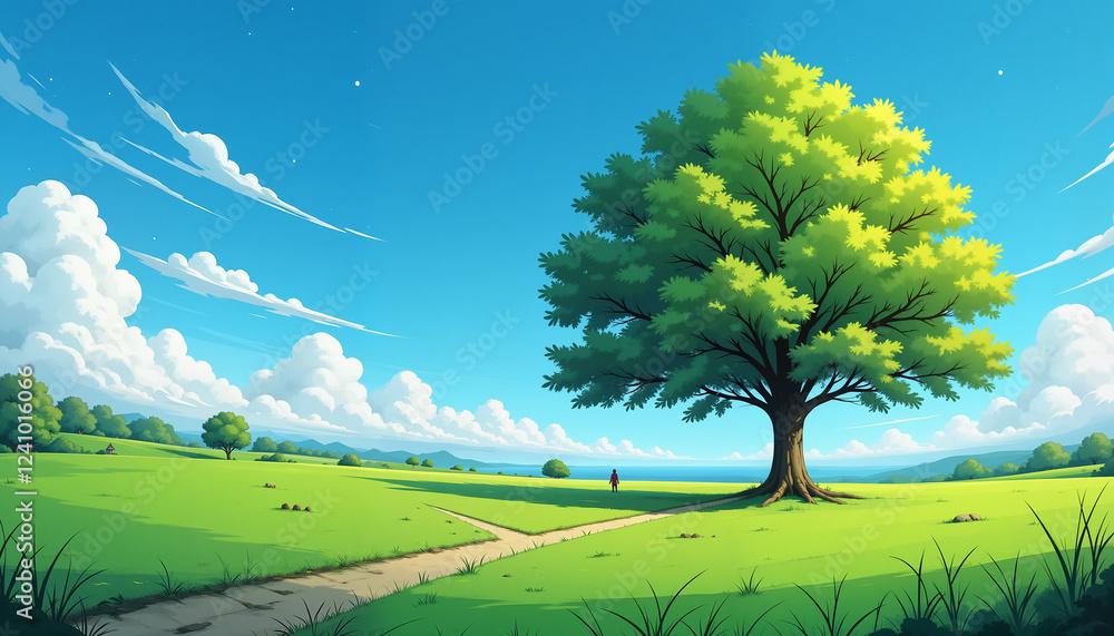 Obraz premium Vibrant green field with large tree under blue sky, breathe life