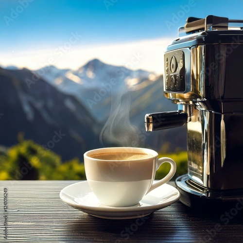  A coffee cup in front of an espresso machine with mountains in the background. photo