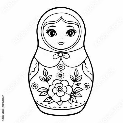Cute Russian nesting doll (Matryoshka) illustration in black and white on a simple background