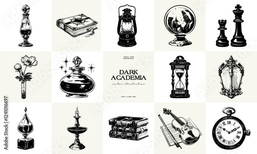Black and white Dark Academia vector illustrations featuring magical elements: alchemy, glasses, mysticism, and classic aesthetics.