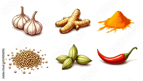 Set of spices - garlic, ginger, turmeric, cardamom, chili, caraway, isolated sketch style vector illustration on white background. Traditional cooking spices in Asian and Indian cuisine