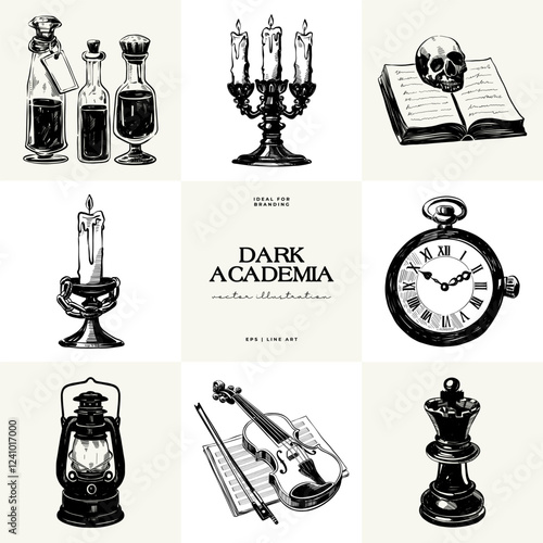 Black and white Dark Academia vector illustrations featuring magical elements: alchemy, glasses, mysticism, and classic aesthetics.