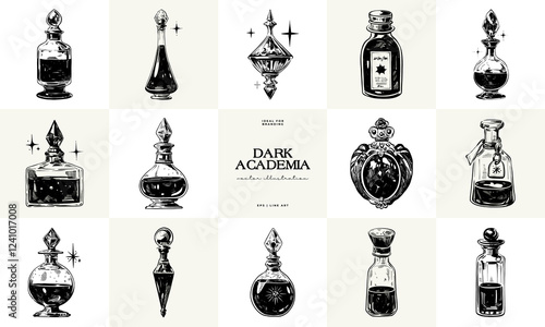 Black and white Dark Academia vector illustrations featuring magical elements: alchemy, glasses, mysticism, and classic aesthetics.