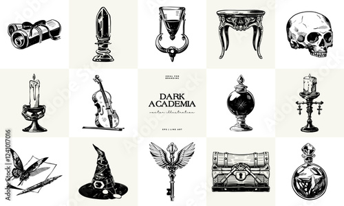Black and white Dark Academia vector illustrations featuring magical elements: alchemy, glasses, mysticism, and classic aesthetics.