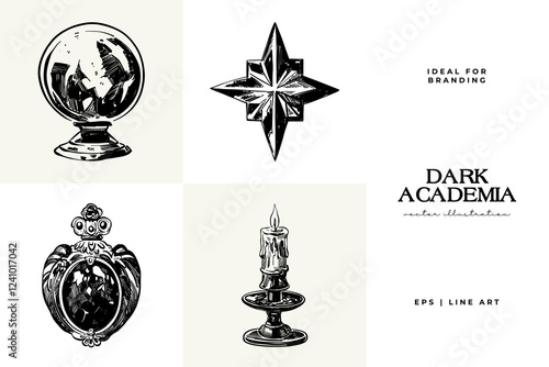 Black and white Dark Academia vector illustrations featuring magical elements: alchemy, glasses, mysticism, and classic aesthetics.