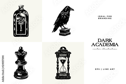 Black and white Dark Academia vector illustrations featuring magical elements: alchemy, glasses, mysticism, and classic aesthetics.
