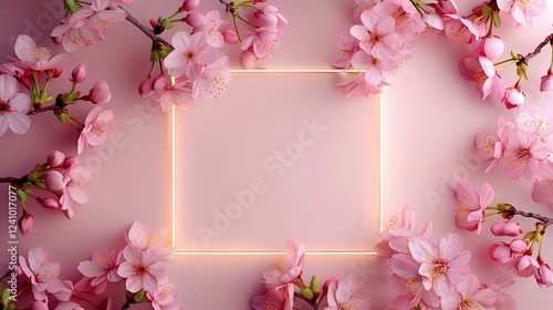 Glowing neon square frame surrounded by delicate pink cherry blossoms on soft pink background, creating romantic spring atmosphere for wedding or beauty design.