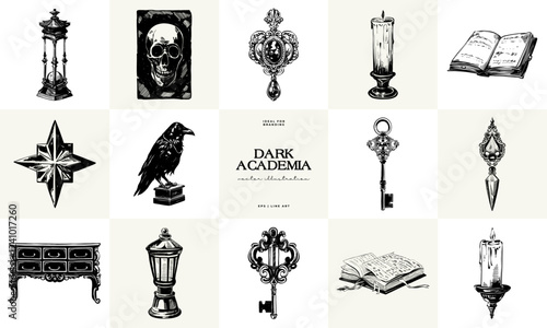 Black and white Dark Academia vector illustrations featuring magical elements: alchemy, glasses, mysticism, and classic aesthetics.