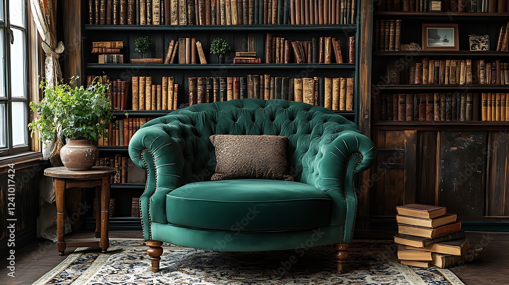 Emerald armchair in study, bookshelves, reading Emerald armchair in study, bookshelves, reading
