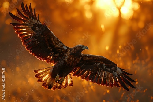 Wallpaper Mural Majestic eagle soaring with spread wings against golden sunset sky, dramatic silhouette with glowing red feathers and bokeh light effects in background. Torontodigital.ca