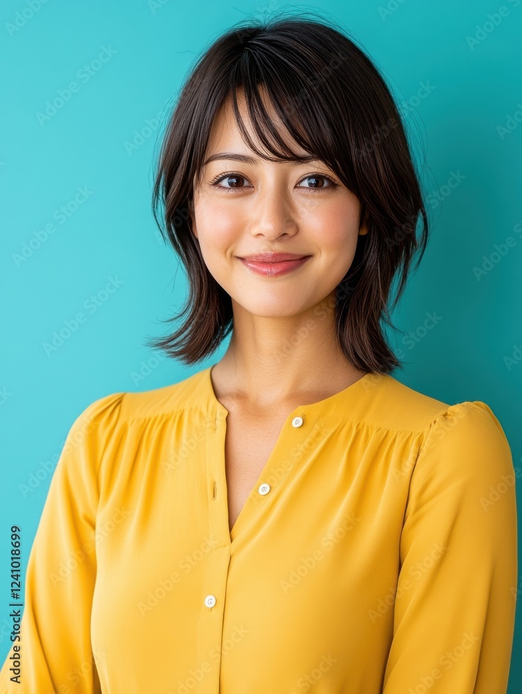 Smiling asian young adult female in yellow shirt against teal background. Smiling asian young adult female in yellow shirt against teal background.