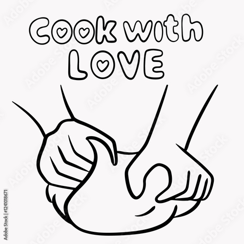 Cooking dough, hands kneading dough, baking, lettering, culinary doodle illustration for bakery