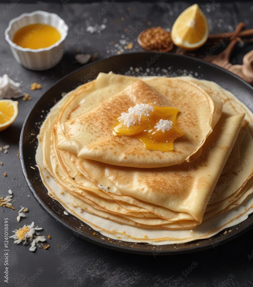 Thin crepes with a drizzle of honey and a sprinkle of shredded coconut, soft and fluffy, tropical twist, shredded coconut Thin crepes with a drizzle of honey and a sprinkle of shredded coconut, soft and fluffy, tropical twist, shredded coconut