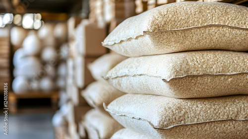 Stacked sacks of grain in a warehouse; agricultural products storage, food production, distribution, and logistics.