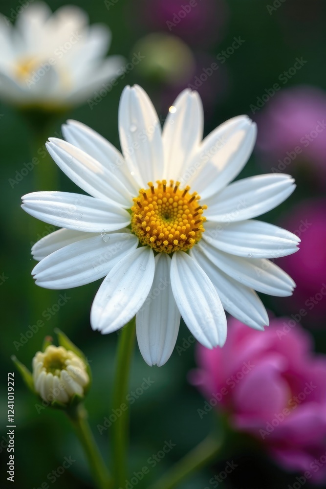 Tiny droplets of water cling to delicate white petals of a flower, needle flowers, detail, garden