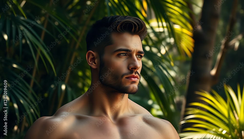 handsome man in the tropical woods handsome man in the tropical woods
