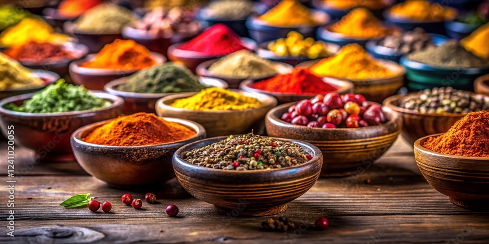Fototapeta premium Colorful Spices in Miniature Bowls: Tilt-Shift Photography Stock Photo