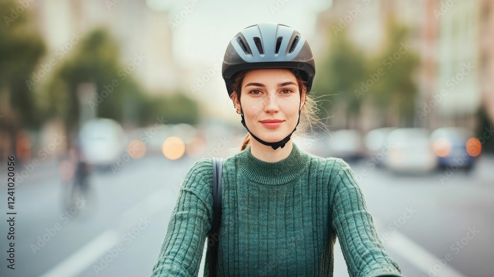 Young woman safely riding electric scooter while navigating through a bustling city street lined with buildings and other traffic Young woman safely riding electric scooter while navigating through a bustling city street lined with buildings and other traffic