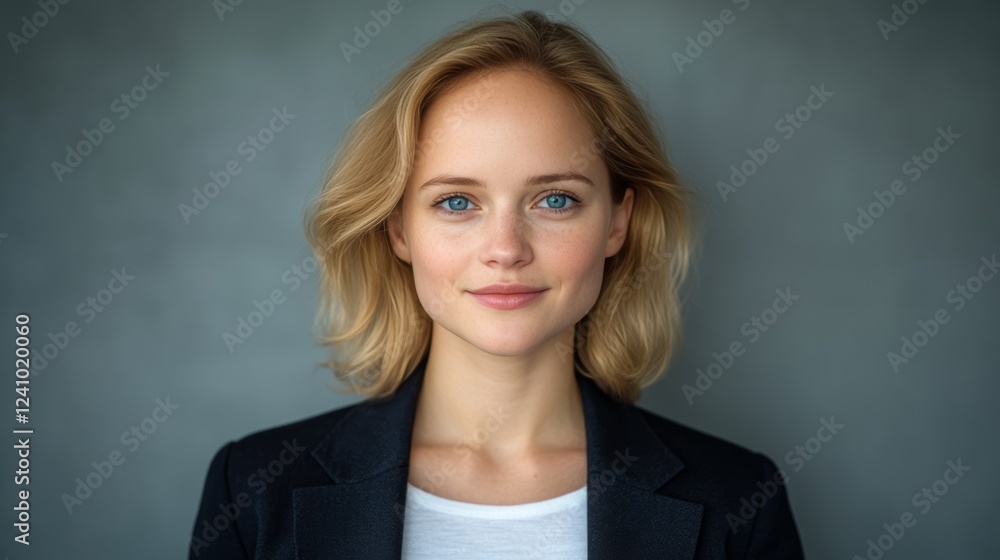 Portrait of a Confident Young Woman with Blonde Hair, Wearing a Blazer, Against a Gray Background. Portrait of a Confident Young Woman with Blonde Hair, Wearing a Blazer, Against a Gray Background.