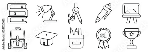 Colorful Educational Icons Collection Pack Elements With Black Outline Style