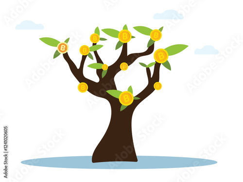 Vector illustration of bitcoin cryptocurrency growing on the money tree.