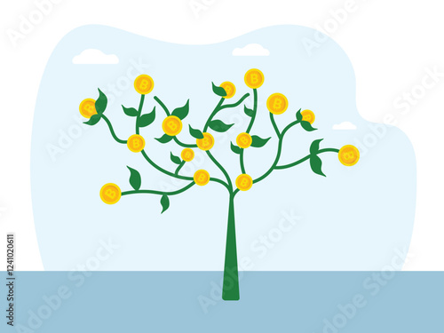 Vector illustration of bitcoin cryptocurrency growing on the money tree.