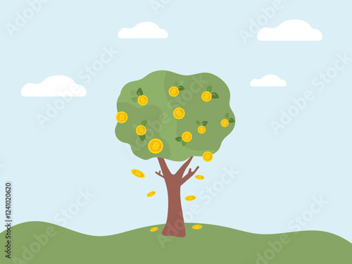 Vector illustration of bitcoin cryptocurrency growing on the money tree.