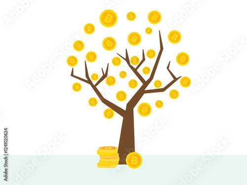 Vector illustration of bitcoin cryptocurrency growing on the money tree.