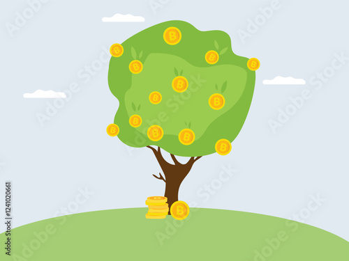 Vector illustration of bitcoin cryptocurrency growing on the money tree.