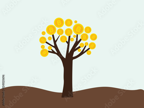 Vector illustration of bitcoin cryptocurrency growing on the money tree.