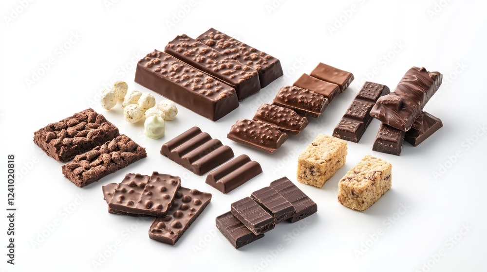 Assorted Chocolate Bars and Snacks Arranged on a White Background Perfect for Sweet Treats and Desserts Assorted Chocolate Bars and Snacks Arranged on a White Background Perfect for Sweet Treats and Desserts