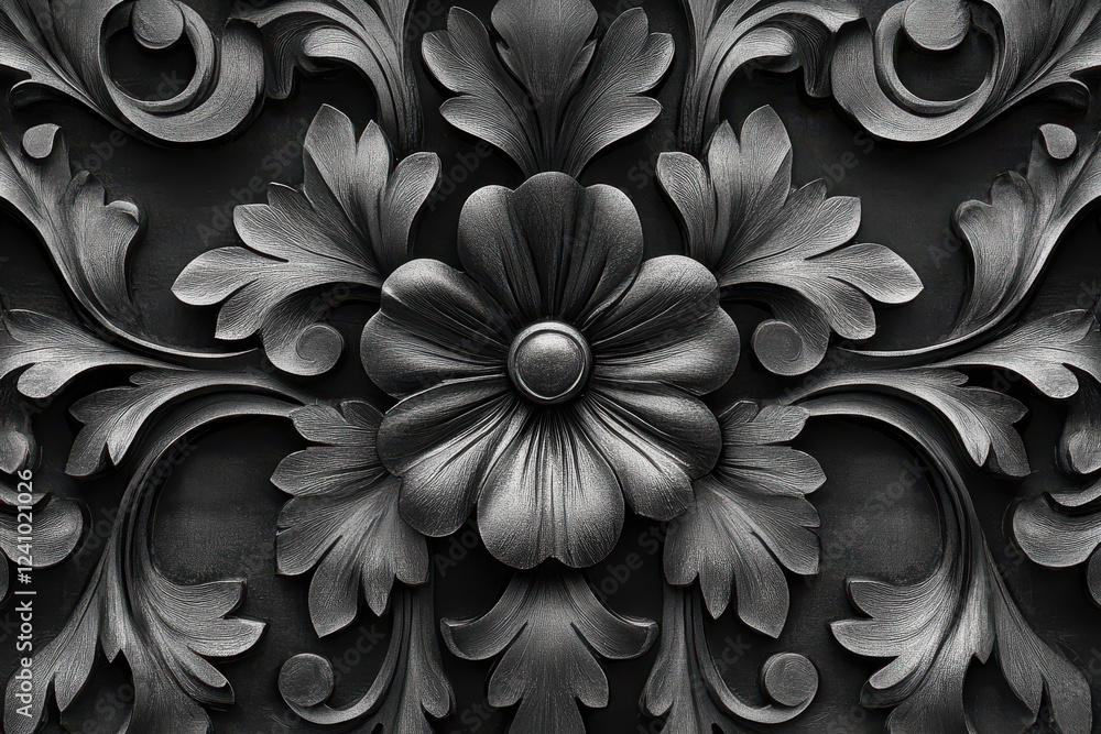 Intricate floral carving in dark tones. Intricate floral carving in dark tones.