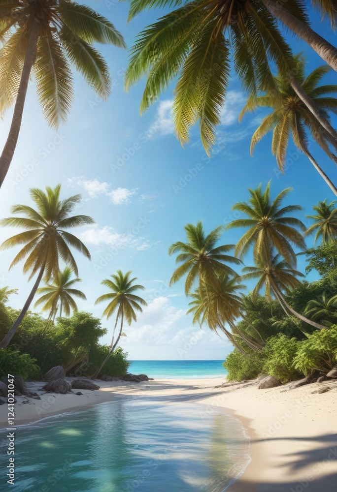 Fototapeta premium Tropical paradise with sandy beach and palm trees against clear blue sky, beach, relaxation, vacation