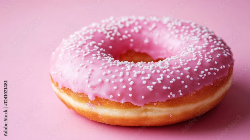 Fresh Pink Frosted Donut with Sprinkles on Pastel Pink Background Fresh Pink Frosted Donut with Sprinkles on Pastel Pink Background