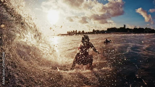 Professional surfer riding ocean waves at sunset with underwater view of breaking wave