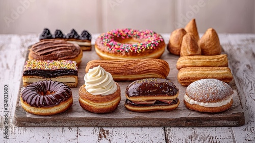 Wallpaper Mural Delicious Variety of Assorted Pastries and Donuts on Wooden Table Surrounded by Textured Background Torontodigital.ca