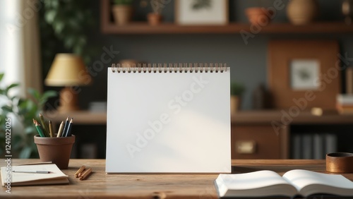 Wallpaper Mural Calendar Mockup on Desk, Cozy study with rustic elements vintage decor backdrop desk calendar no people photorealistic. Torontodigital.ca