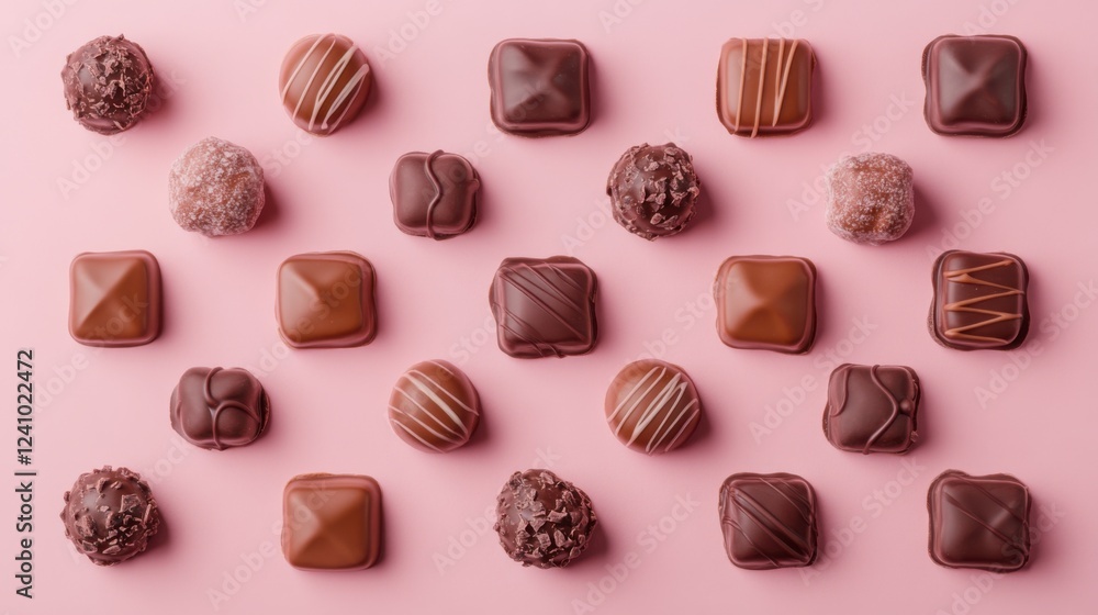 Fototapeta premium A Symphony of Hearts: A Delightful Collection of Exquisite Chocolate Hearts, Beautifully Displayed on a Pastel Pink Surface, Creating a Scene of Pure Romance and Sweet Indulgence