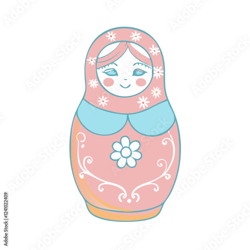 Icon of cute Russian nesting doll (Matryoshka) illustration in pastel colors on a white background