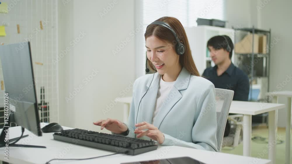 Attractive young businesswoman consultant and call center with headphones for customer service, support or online advice at office. Cheerful Telemarketing Representative Operator Providing CRM Support Attractive young businesswoman consultant and call center with headphones for customer service, support or online advice at office. Cheerful Telemarketing Representative Operator Providing CRM Support