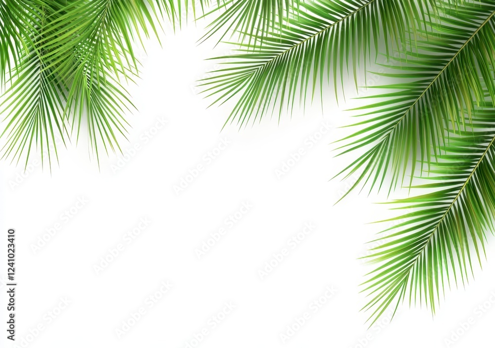 Fototapeta premium Fresh green plant leaves create a corner border against a clean white background. The leaves feature a detailed, slightly pixelated texture with