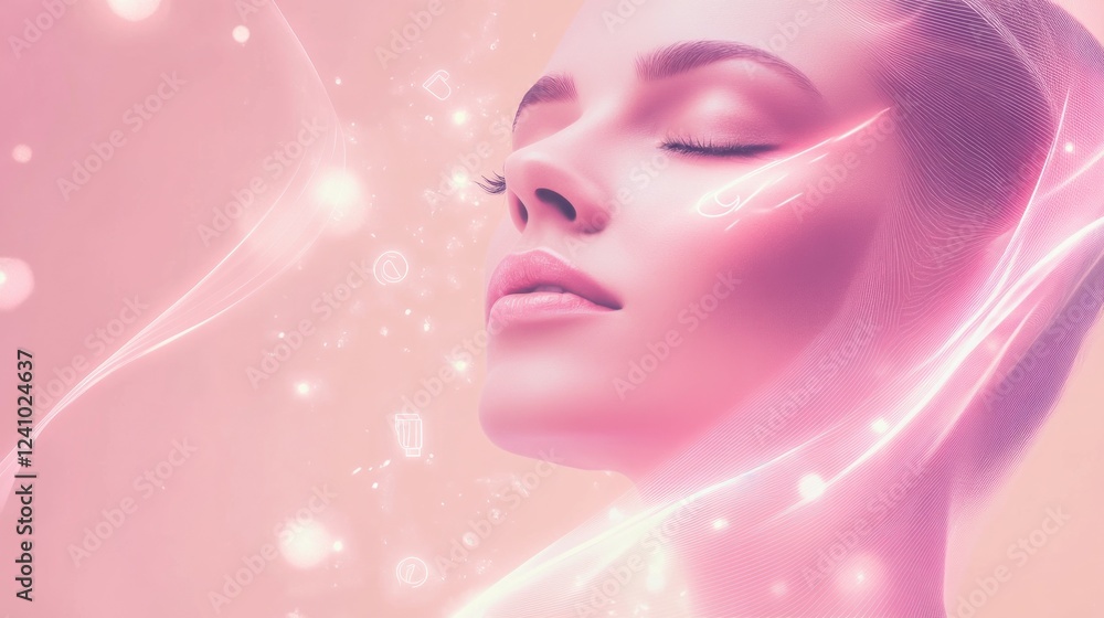 Woman's serene face, ethereal glow, with soft pink light. Woman's serene face, ethereal glow, with soft pink light.