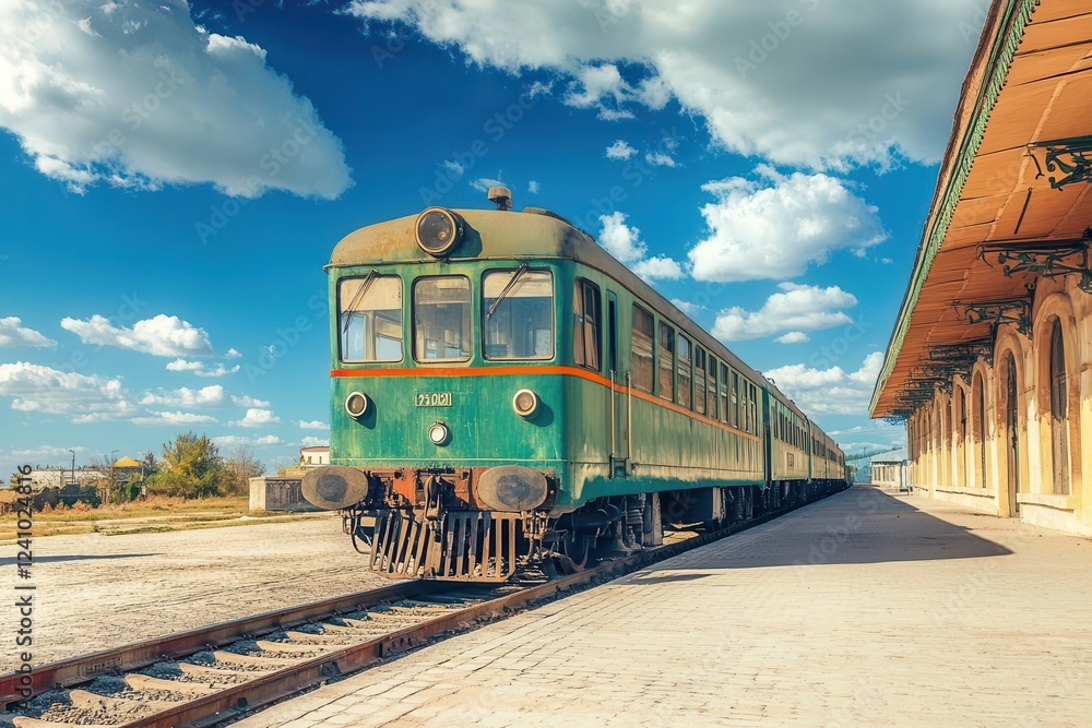 Fototapeta premium an aged green train sitting at a vintage station, surrounded by nostalgic elements and a vibrant blue sky, evoking memories of travel and adventure