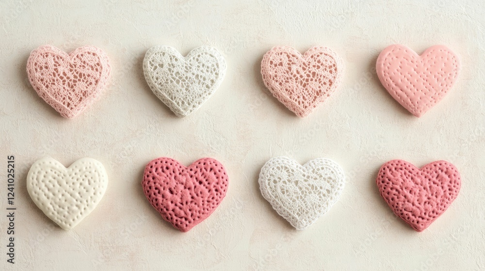 Fototapeta premium Delicate lace hearts in soft shades of pink and cream layered over a textured paper background creating a romantic and elegant design This image evokes a sense of tenderness sentiment