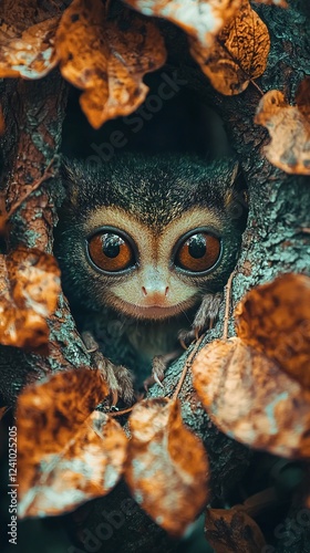 HD Phone Wallpaper Adorable Owl Monkey Hiding in Autumn Leaves Tree Trunk Wildlife Nature photo