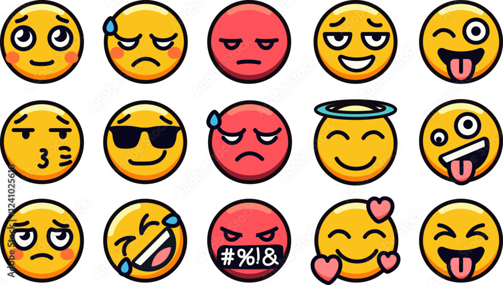 Fototapeta premium Colorful set of expressive emoticon faces with various emotions.