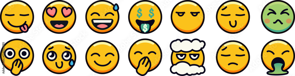 Fototapeta premium A set of diverse emoji faces displaying various emotions and expressions.