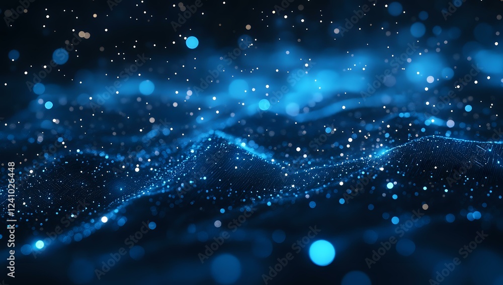 Abstract blue glowing particles and bokeh lights floating in dark space with blurred motion effect, creating magical atmosphere for technology backgrounds. Abstract blue glowing particles and bokeh lights floating in dark space with blurred motion effect, creating magical atmosphere for technology backgrounds.